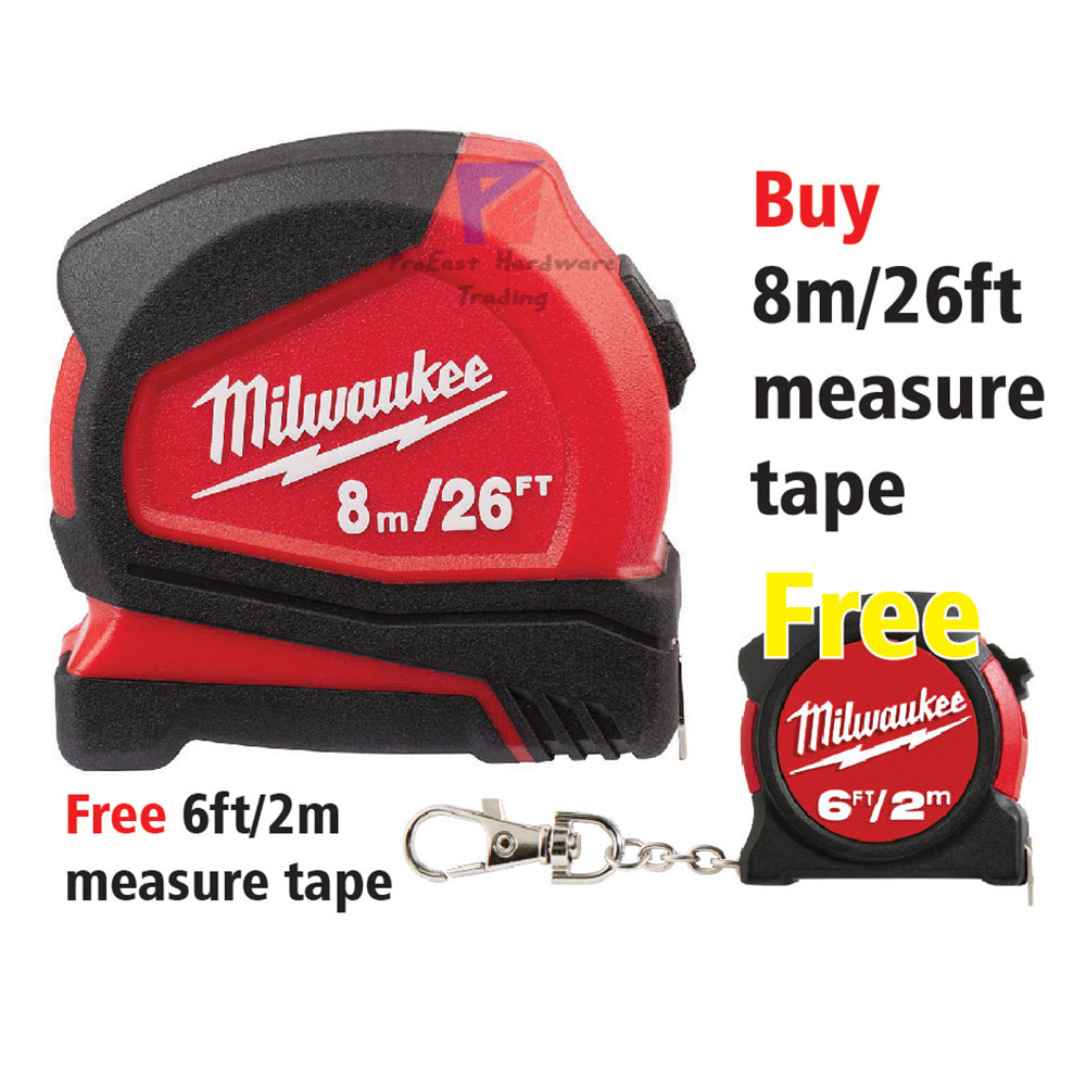 Milwaukee 8 m/26 ft Compact Tape Measure - FREE one (6ft/2m) measure tape