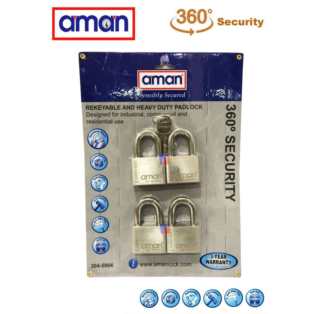 AMAN-304-5004 H/D Stainless Steel Padlock (4 Lock+5 Key)