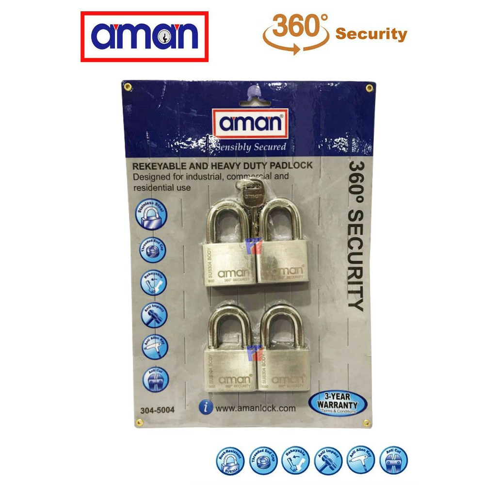 AMAN-304-5004 H/D Stainless Steel Padlock (4 Lock+5 Key) AMAN-304-5004 H/D Stainless Steel Padlock (4 Lock+5 Key)