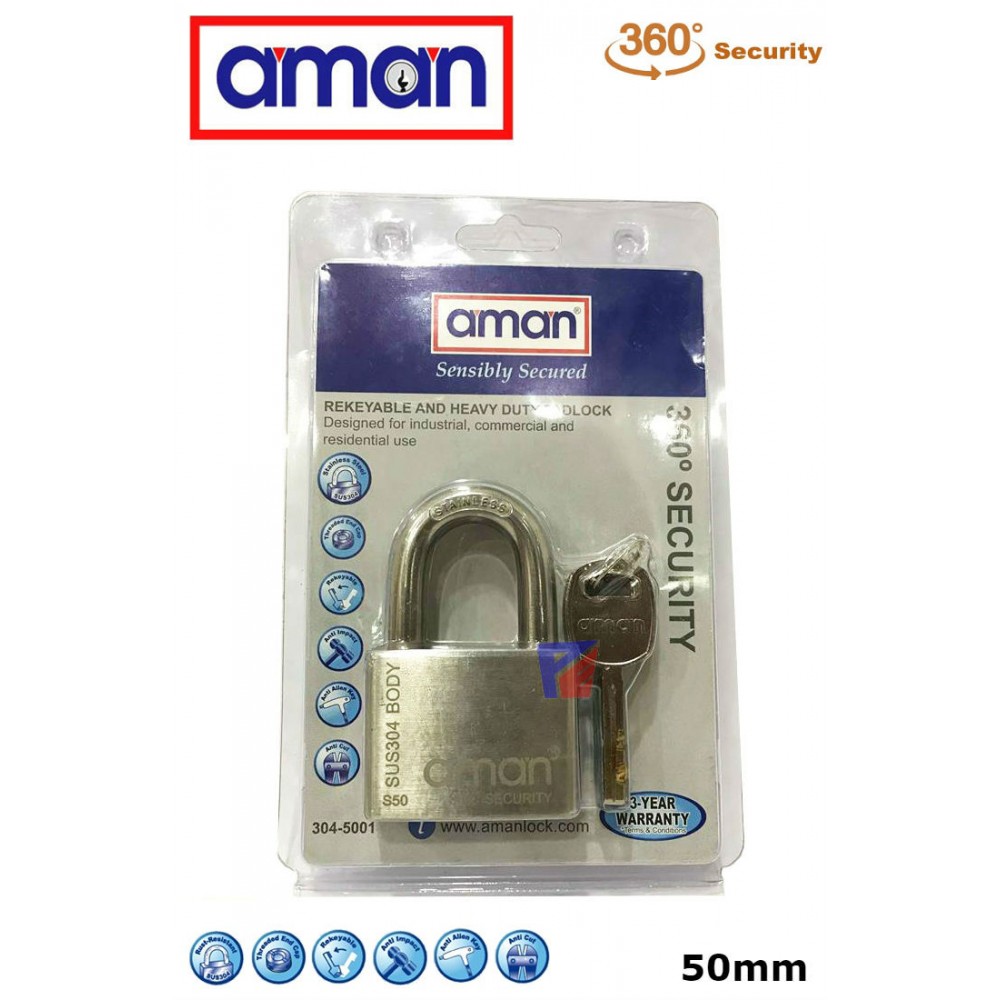 AMAN-304-5001 H/D Stainless Steel Padlock (4 Key)