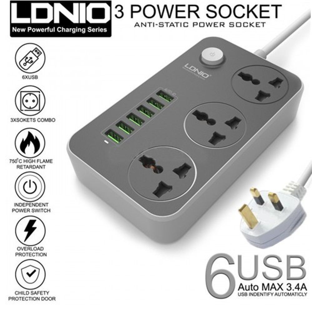 LDNIO 5V/3.4A 3 AC SOCKETS + 6 USB PORTS Power Charger Dock LDNIO 5V/3.4A 3 AC SOCKETS + 6 USB PORTS Power Charger Dock