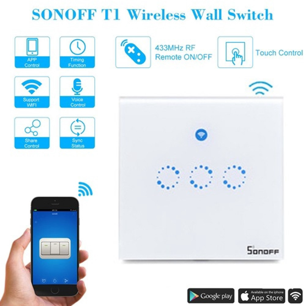 SONOFF T1 3 Button WiFi & 433mhz RF Wall Smart Touch Switch SONOFF T1 3 Button WiFi & 433mhz RF Wall Smart Touch Switch