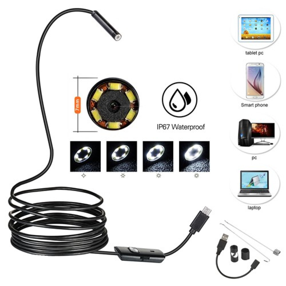 USB Android+PC 7mm Soft Tube Endoscope Wire Pinhole Camera - 5m