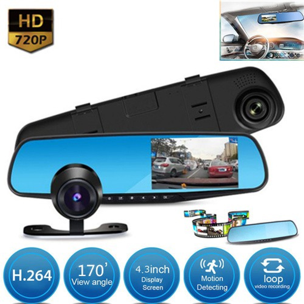 R5 4.3" LCD Blackbox Dual Lens Rearview Mirror Dash Cam R5 4.3" LCD Blackbox Dual Lens Rearview Mirror Dash Cam