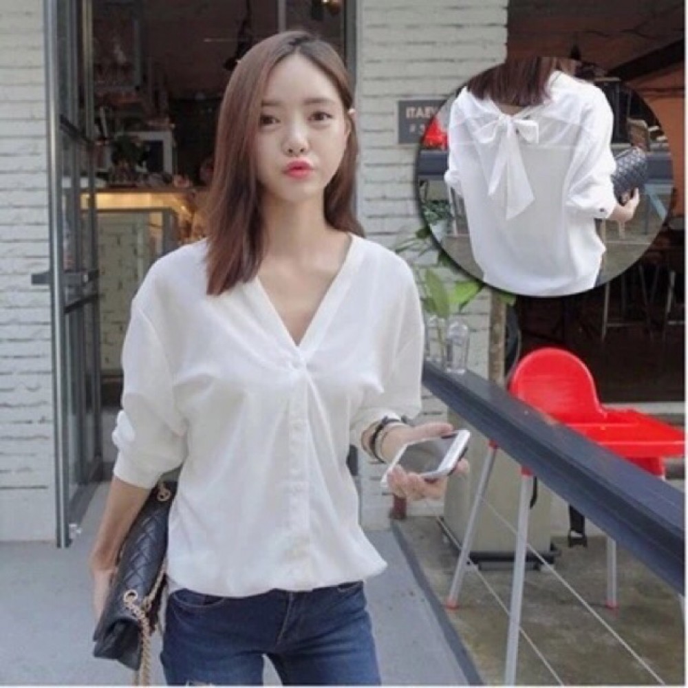 (MY Ready Stock) Vneck Ribbon Shirt LH55