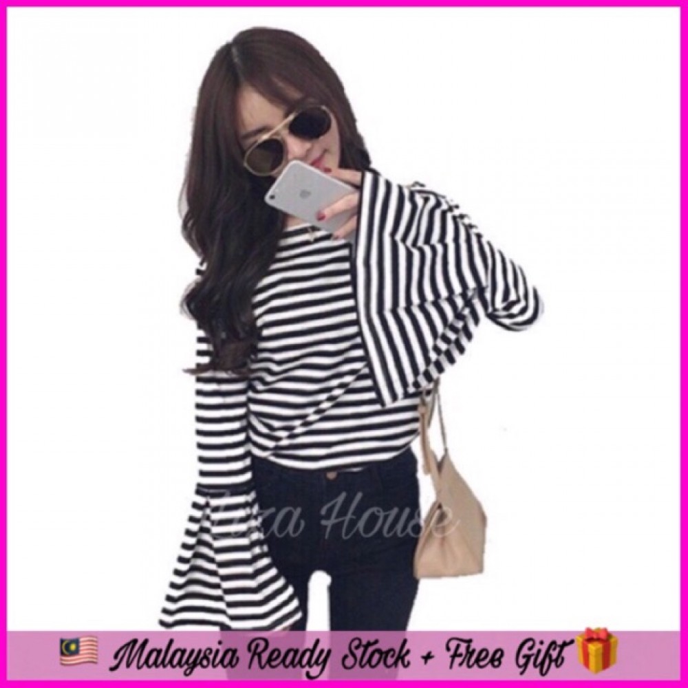 (MY Ready Stock) Stripe Trumpet Sleeve Top LH56