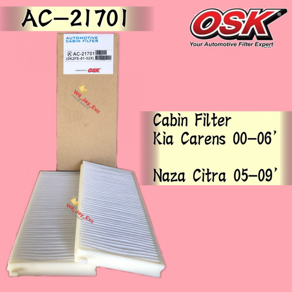 OSK CABIN FILTER AC-21701 KIA CARENS 2000-2006,NAZA CITRA 2005-2009 AIRCOND FILTER (1 BOX=2PCS) OSK CABIN FILTER AC-21701 KIA CARENS 2000-2006,NAZA CITRA 2005-2009 AIRCOND FILTER (1 BOX=2PCS)