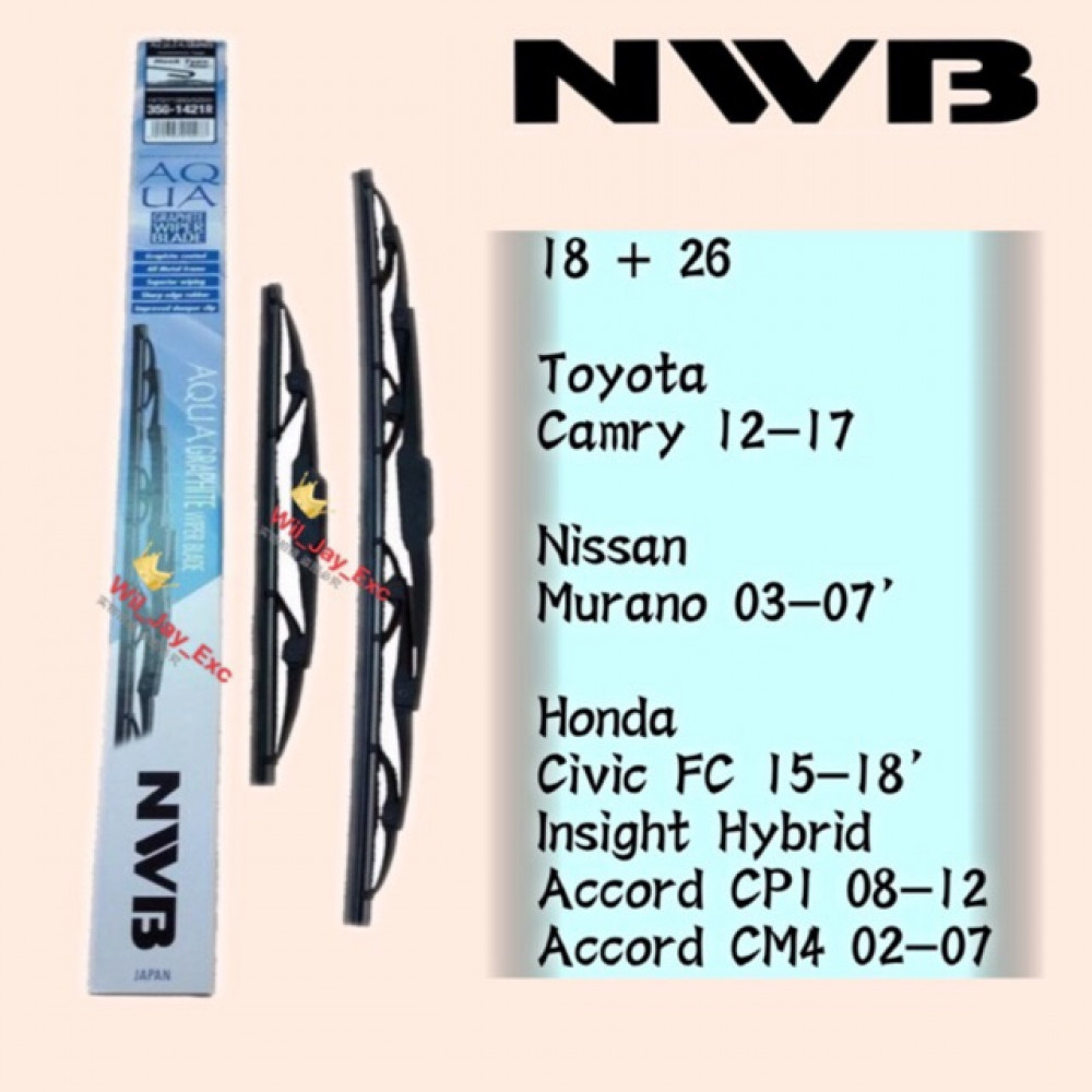 NWB GRAPHITE WIPER BLADE AQUA JAPAN 18+26 MURANO,INSIGHT,CAMRY,CIVIC FC,ACCORD NWB GRAPHITE WIPER BLADE AQUA JAPAN 18+26 MURANO,INSIGHT,CAMRY,CIVIC FC,ACCORD