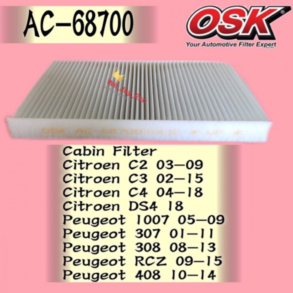 OSK CABIN FILTER AC-68700 CITROEN C2, C3,C4. PEUGEOT 1007,307, 308, 408, RCZ AIR COND FILTER OSK CABIN FILTER AC-68700 CITROEN C2, C3,C4. PEUGEOT 1007,307, 308, 408, RCZ AIR COND FILTER