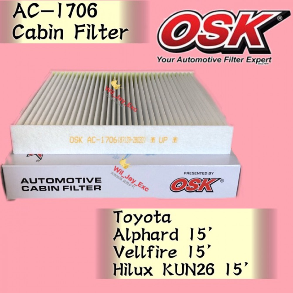 OSK CABIN FILTER TOYOTA ALPHARD,VELLFIRE,HILUX KUN26, HILUX REVO ,CHR AC-1706 OSK CABIN FILTER TOYOTA ALPHARD,VELLFIRE,HILUX KUN26, HILUX REVO ,CHR AC-1706