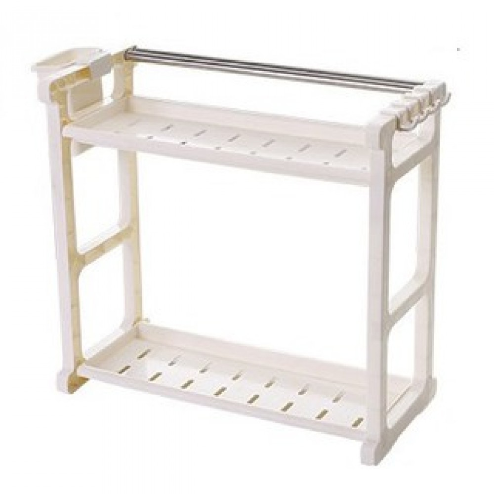 Multipurpose Double Layer Kitchen Organizer Rack With Side Hook - White/Brown Multipurpose Double Layer Kitchen Organizer Rack With Side Hook - White/Brown
