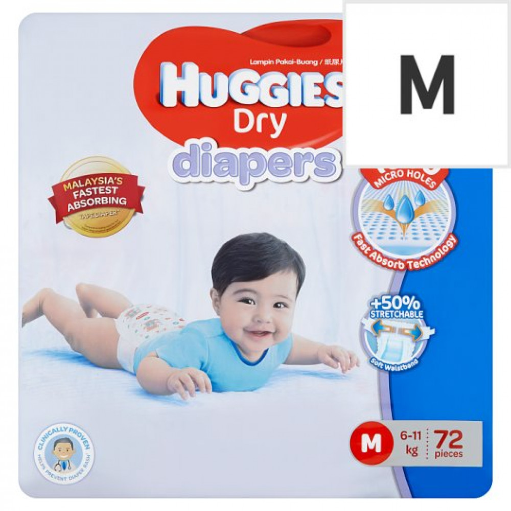 Huggies Dry Diapers M (6-11 kg) 72 Pieces Huggies Dry Diapers M (6-11 kg) 72 Pieces
