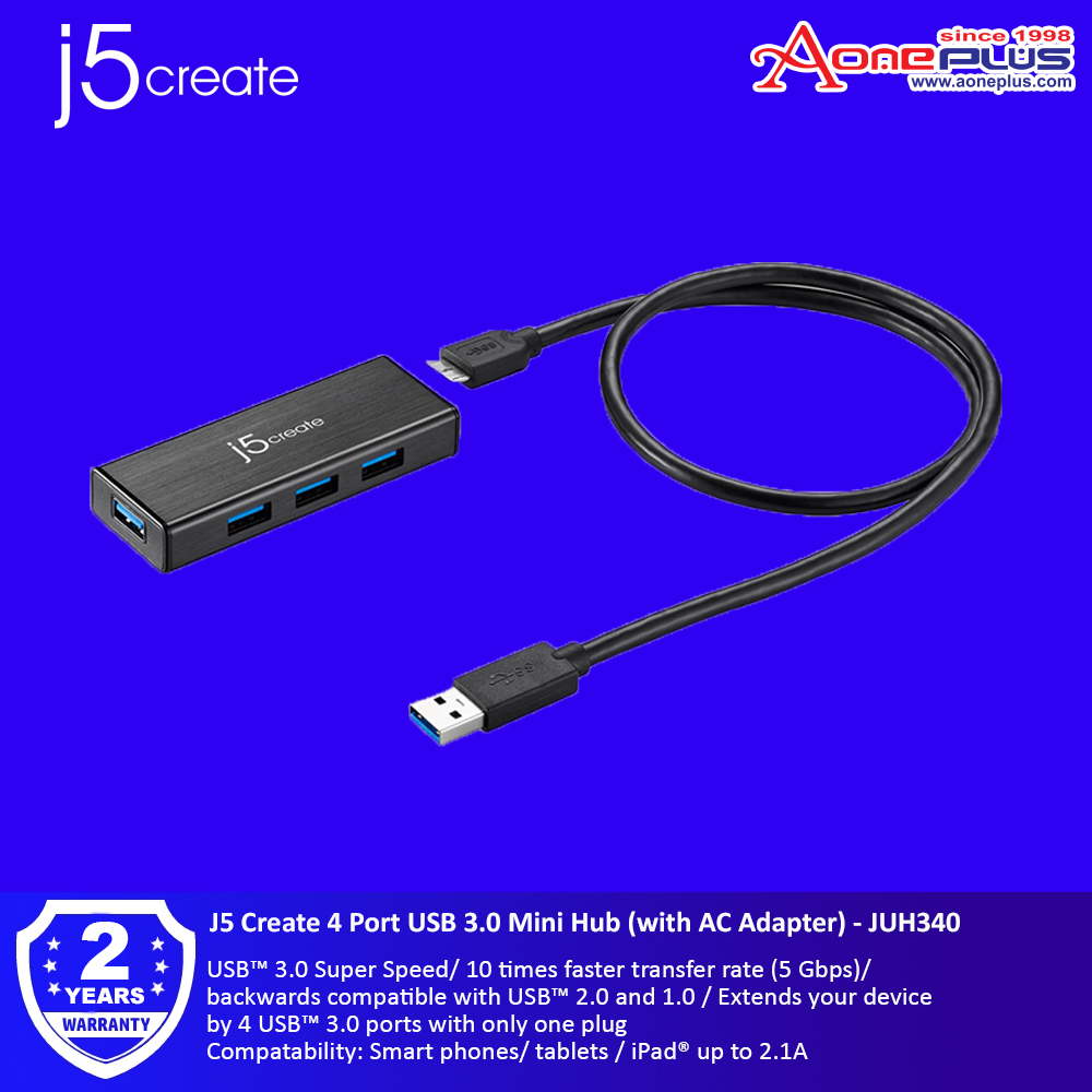 J5 Create 4 Port USB 3.0 Mini Hub (with AC Adapter ) - JUH340