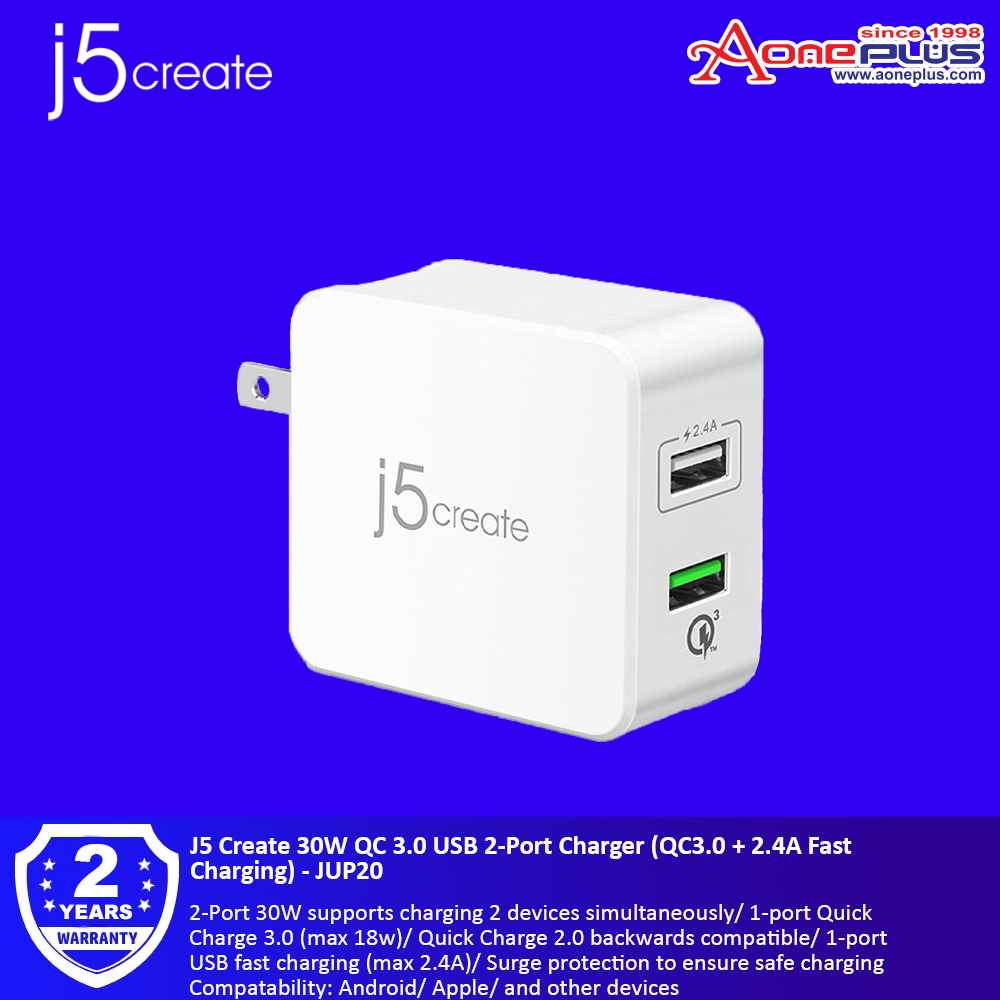 J5 Create 30W QC 3.0 USB 2-Port Charger (QC3.0 + 2.4A Fast Charging) - JUP20