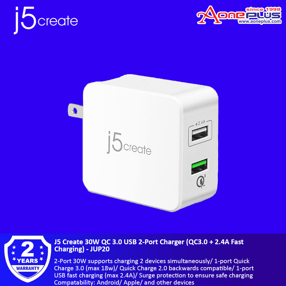 J5 Create 30W QC 3.0 USB 2-Port Charger (QC3.0 + 2.4A Fast Charging) - JUP20 J5 Create 30W QC 3.0 USB 2-Port Charger (QC3.0 + 2.4A Fast Charging) - JUP20