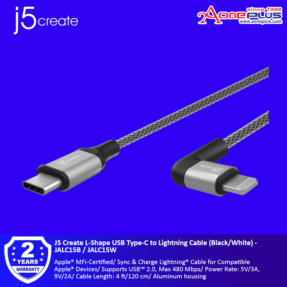 J5 Create L-Shape USB Type-C to Lightning Cable (Black/White) - JALC15B / JALC15W