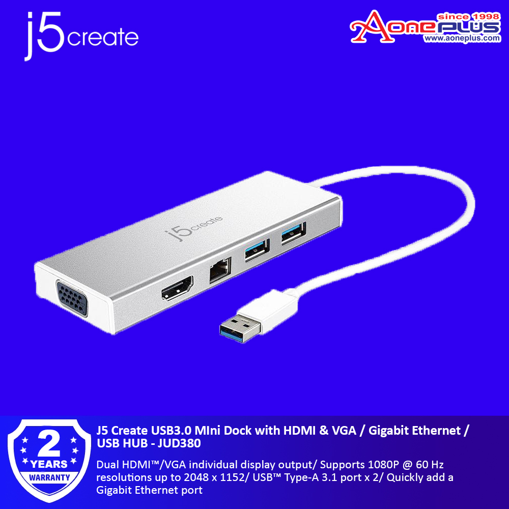 J5 Create USB3.0 MIni Dock with HDMI & VGA / Gigabit Ethernet / USB HUB - JUD380