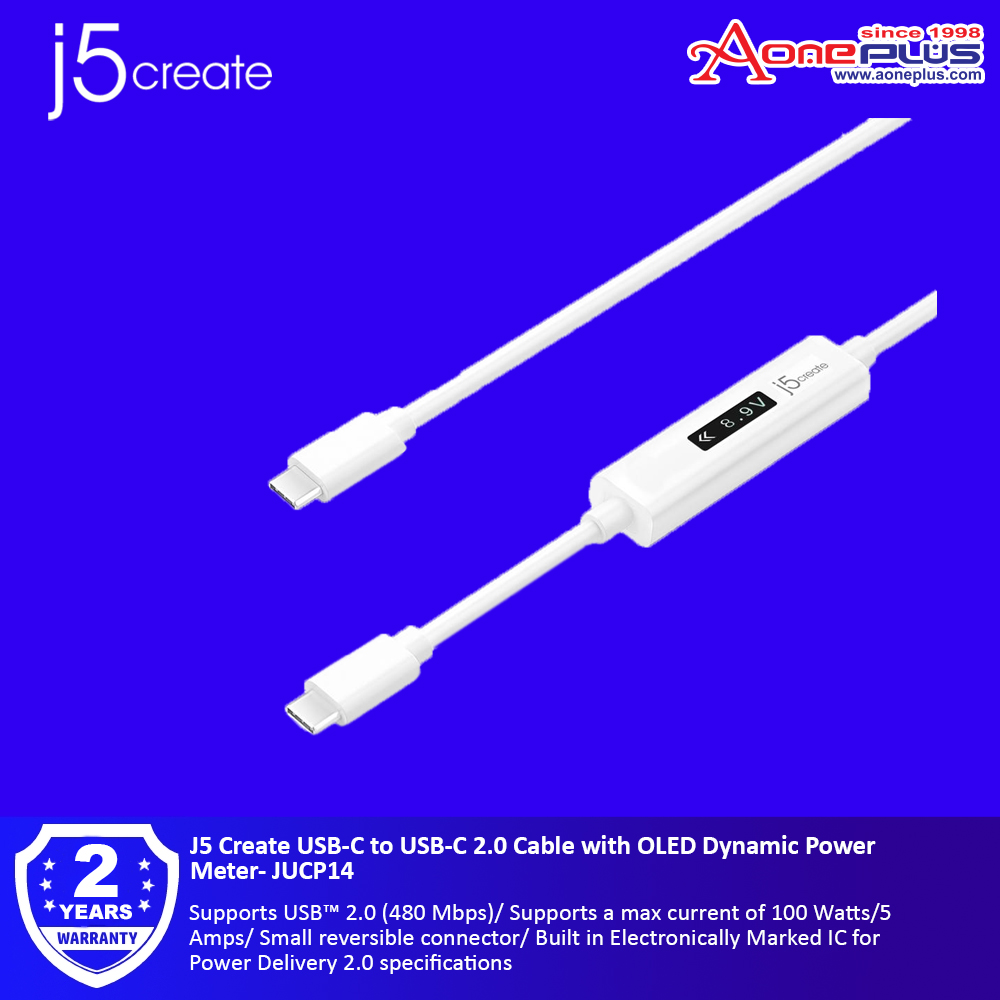 J5 Create USB-C to USB-C 2.0 Cable with OLED Dynamic Power Meter- JUCP14 J5 Create USB-C to USB-C 2.0 Cable with OLED Dynamic Power Meter- JUCP14