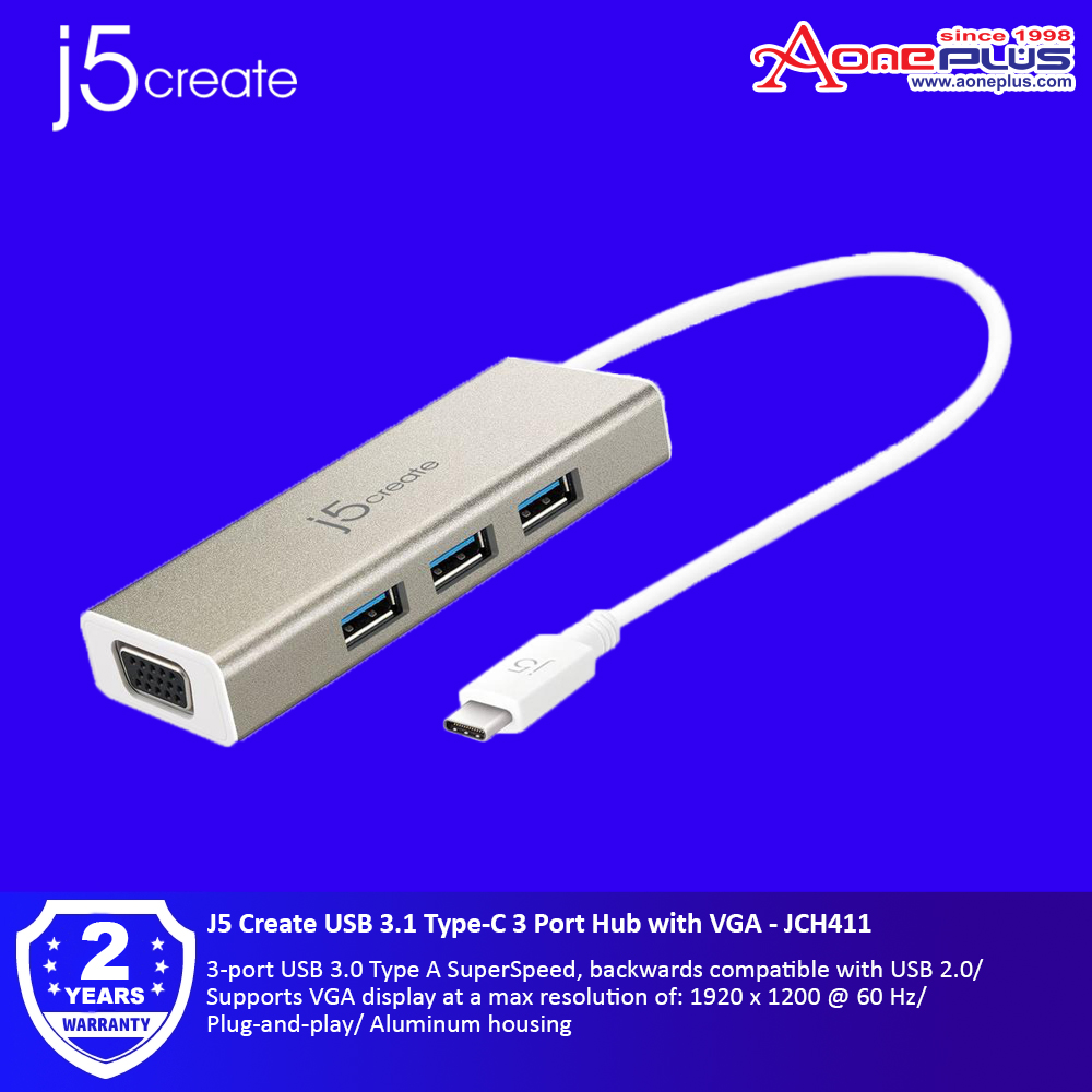 J5 Create USB 3.1 Type-C 3 Port Hub with VGA - JCH411 J5 Create USB 3.1 Type-C 3 Port Hub with VGA - JCH411