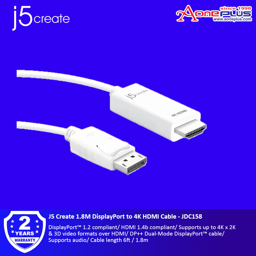 J5 Create 1.8M DisplayPort to 4K HDMI Cable - JDC158 J5 Create 1.8M DisplayPort to 4K HDMI Cable - JDC158