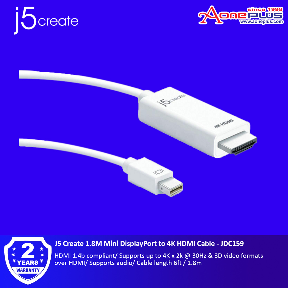 J5 Create 1.8M Mini DisplayPort to 4K HDMI Cable - JDC159 J5 Create 1.8M Mini DisplayPort to 4K HDMI Cable - JDC159