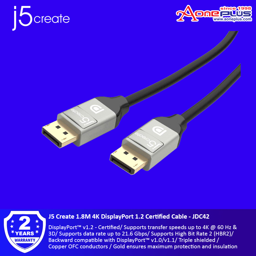 J5 Create 1.8M 4K DisplayPort 1.2 Certified Cable - JDC42