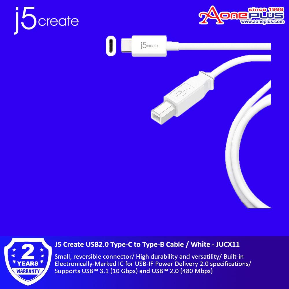J5 Create USB2.0 Type-C to Type-B Cable / White - JUCX11 J5 Create USB2.0 Type-C to Type-B Cable / White - JUCX11