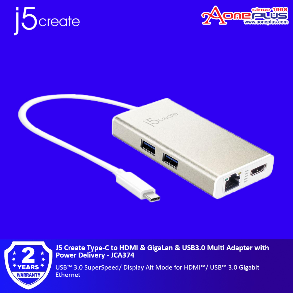 J5 Create Type-C to HDMI & GigaLan & USB3.0 Multi Adapter with Power Delivery - JCA374 J5 Create Type-C to HDMI & GigaLan & USB3.0 Multi Adapter with Power Delivery - JCA374