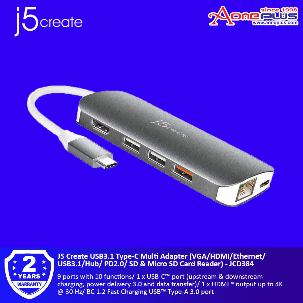 J5 Create USB3.1 Type-C Multi Adapter (VGA/HDMI/Ethernet/USB3.1/Hub/ PD2.0/ SD & Micro SD Card Reader) - JCD384