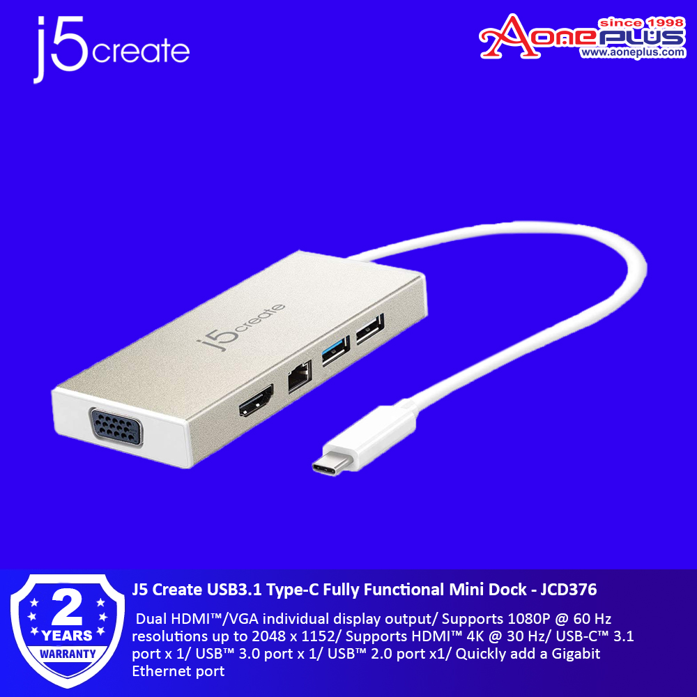 J5 Create USB3.1 Type-C Fully Functional Mini Dock - JCD376 J5 Create USB3.1 Type-C Fully Functional Mini Dock - JCD376