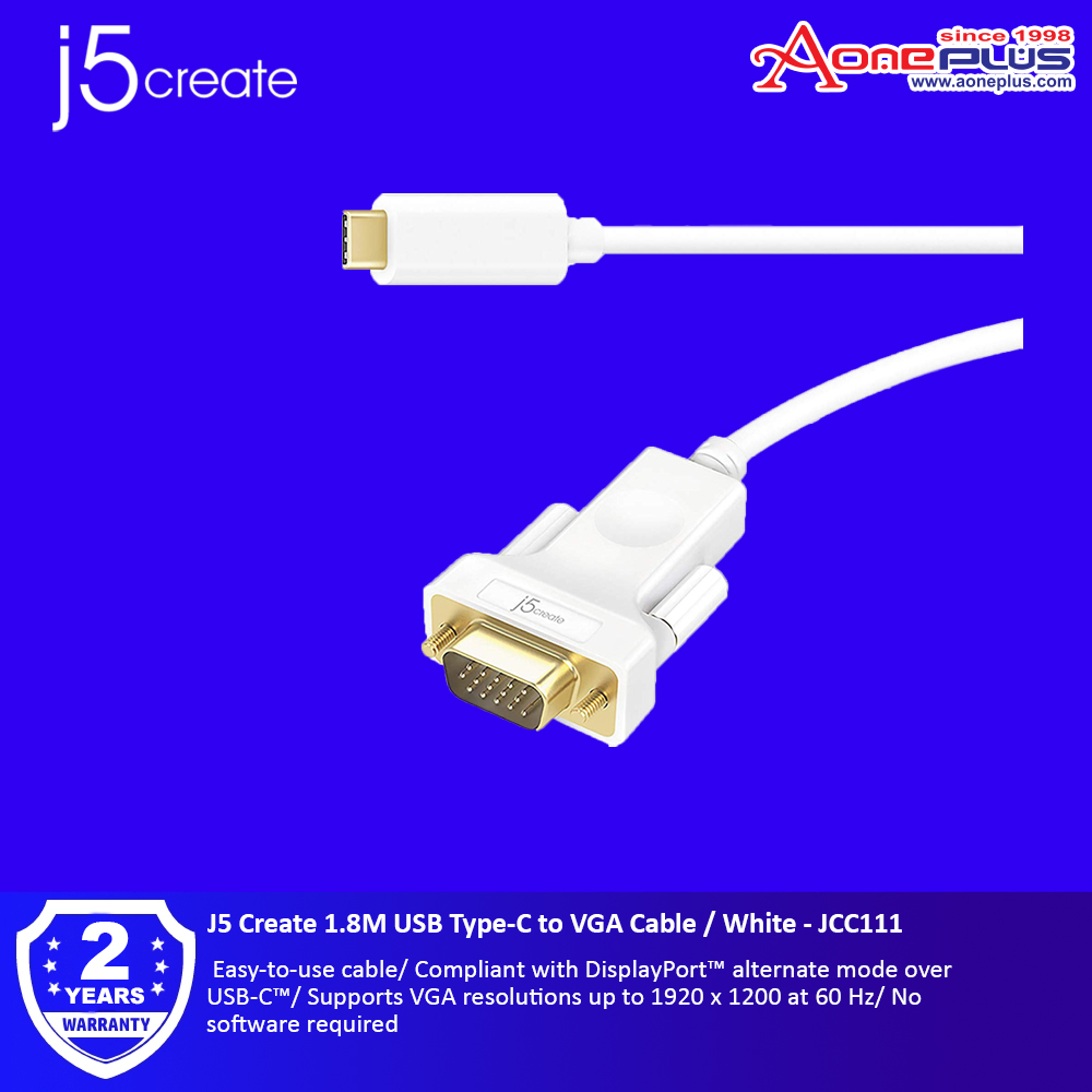 J5 Create 1.8M USB Type-C to VGA Cable / White - JCC111 J5 Create 1.8M USB Type-C to VGA Cable / White - JCC111