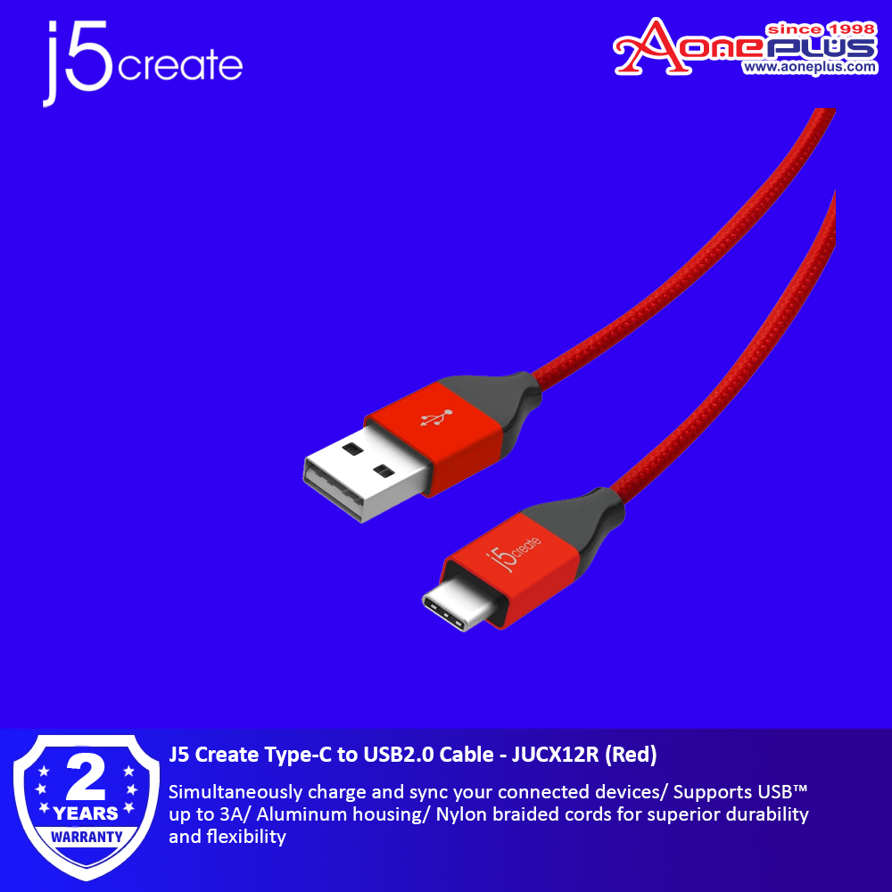 J5 Create Type-C to USB2.0 Cable (Black/Red) - JUCX12B/ JUCX12R