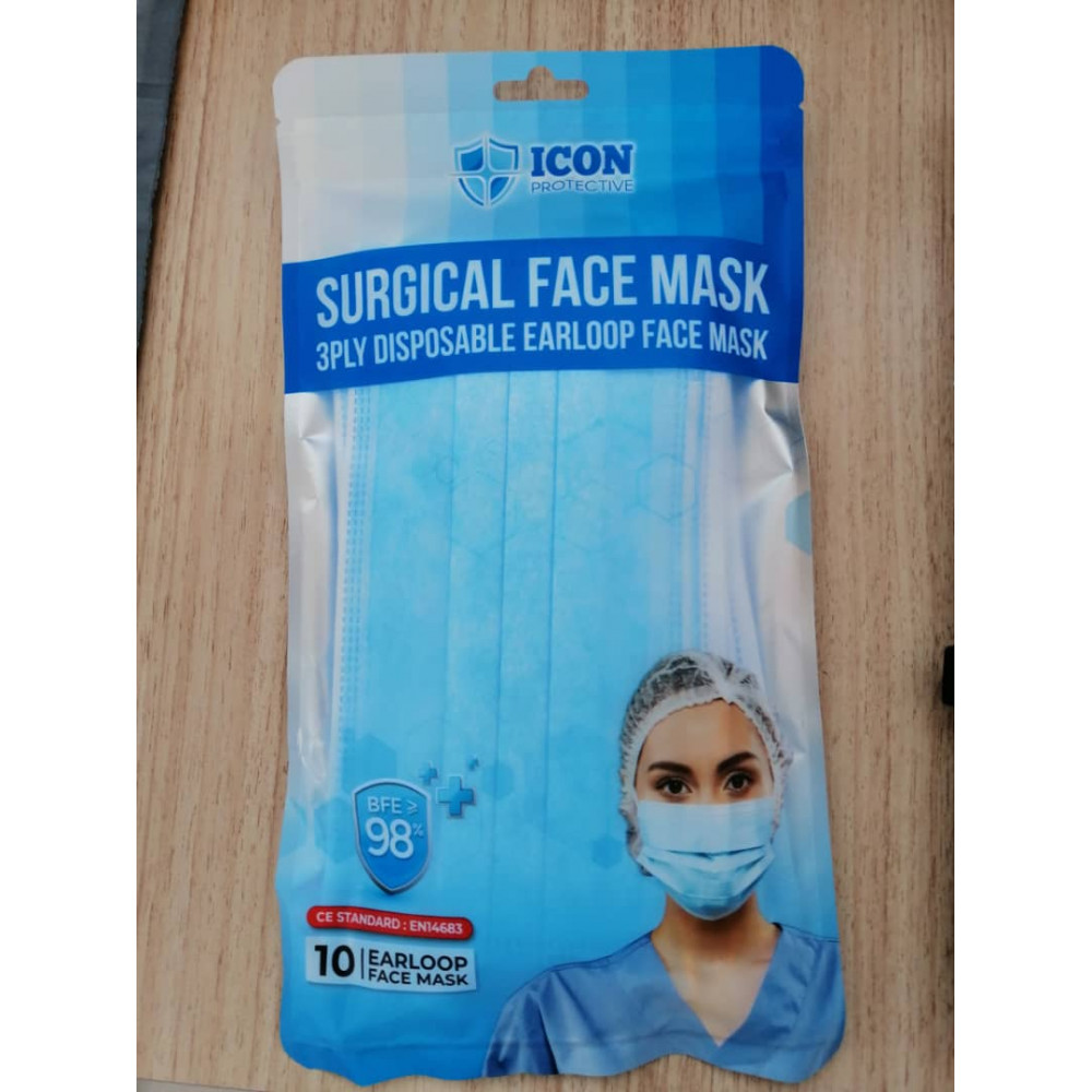 ICON 3PLY SURGICAL FACE MASK 10'S (BFE > 98)