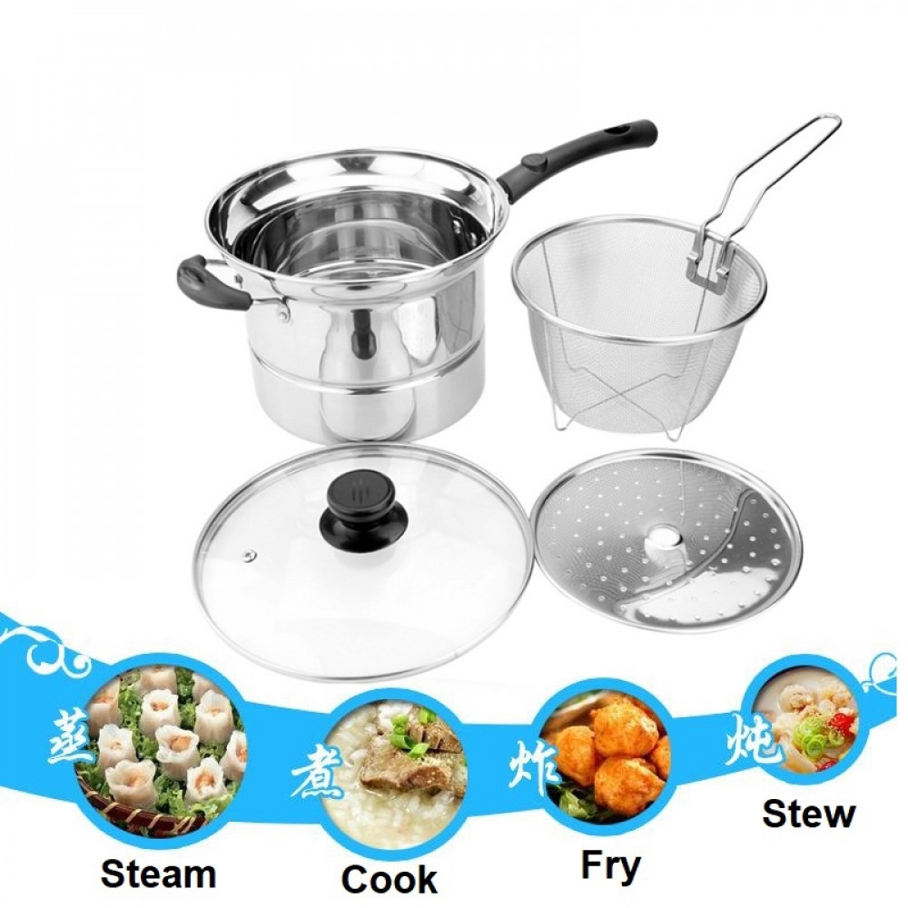 Stainless Steel Multi Usage Cooking Pot/Deep Fry/Steam/Stew (4 Pcs x 22cm) / Periuk kukus / Multipurpose Cooking pot