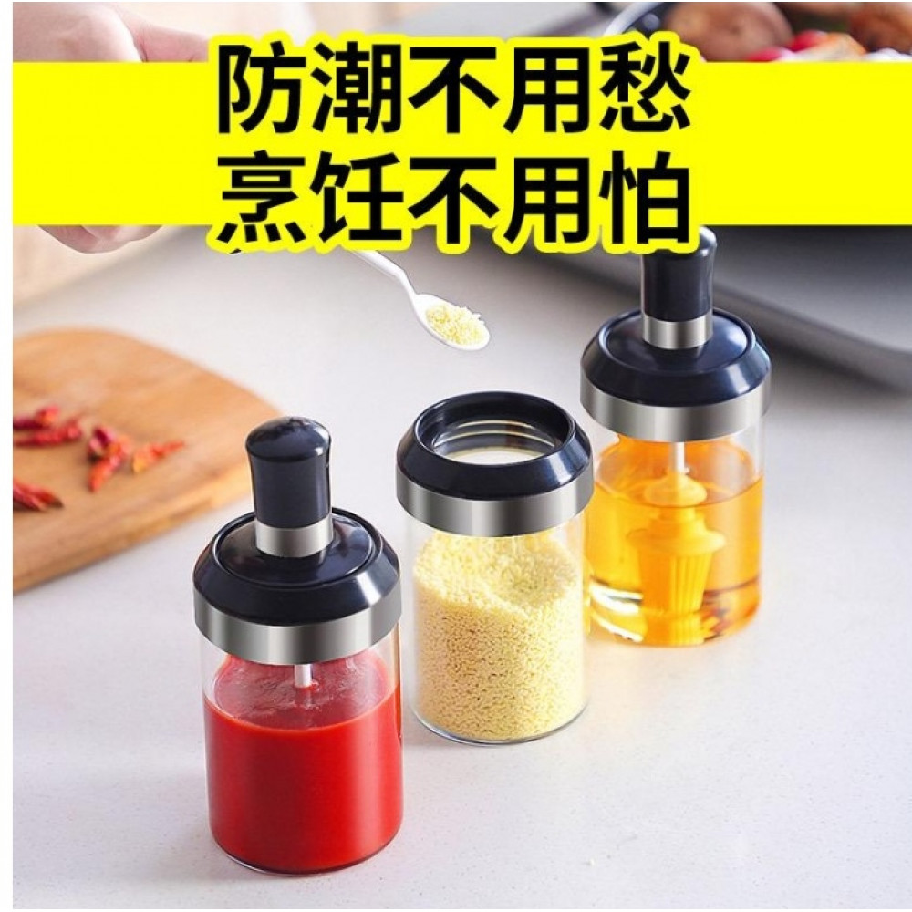 Transparent Glass Seasoning Bottle Salt Condiment Airtight Jar Spice Container for Salt Sugar Pepper Powder with Spoon