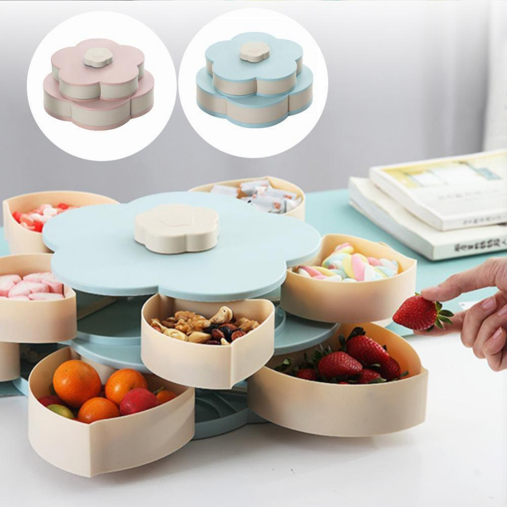 【Single / Double-Layer】 Rotating Flower Petal Candy Box Nuts Case Snack  Storage Box Container