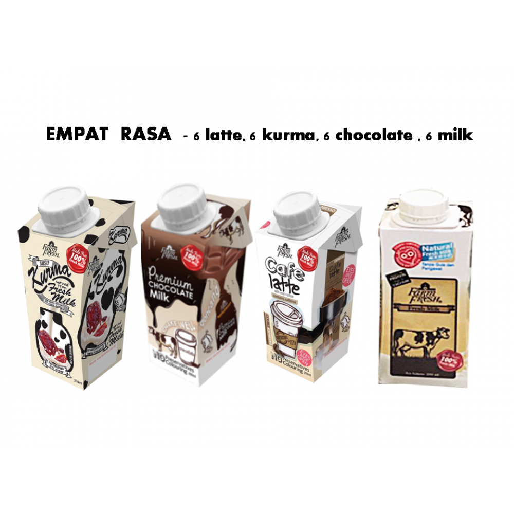 SUSU UHT Farm FRESH 200ML X 24 4 FLAVOUR MIX Latte/ Kurma/Milk/ Chocolate