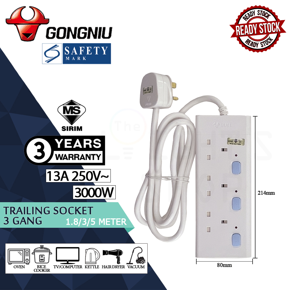 GONGNIU Trailing Socket 3 Gang-1.8/3/5 Meter#Bull#Basic Type#Sirim#Extension Socket#Cord Extension Plug#T-Adaptor GONGNIU Trailing Socket 3 Gang-1.8/3/5 Meter#Bull#Basic Type#Sirim#Extension Socket#Cord Extension Plug#T-Adaptor