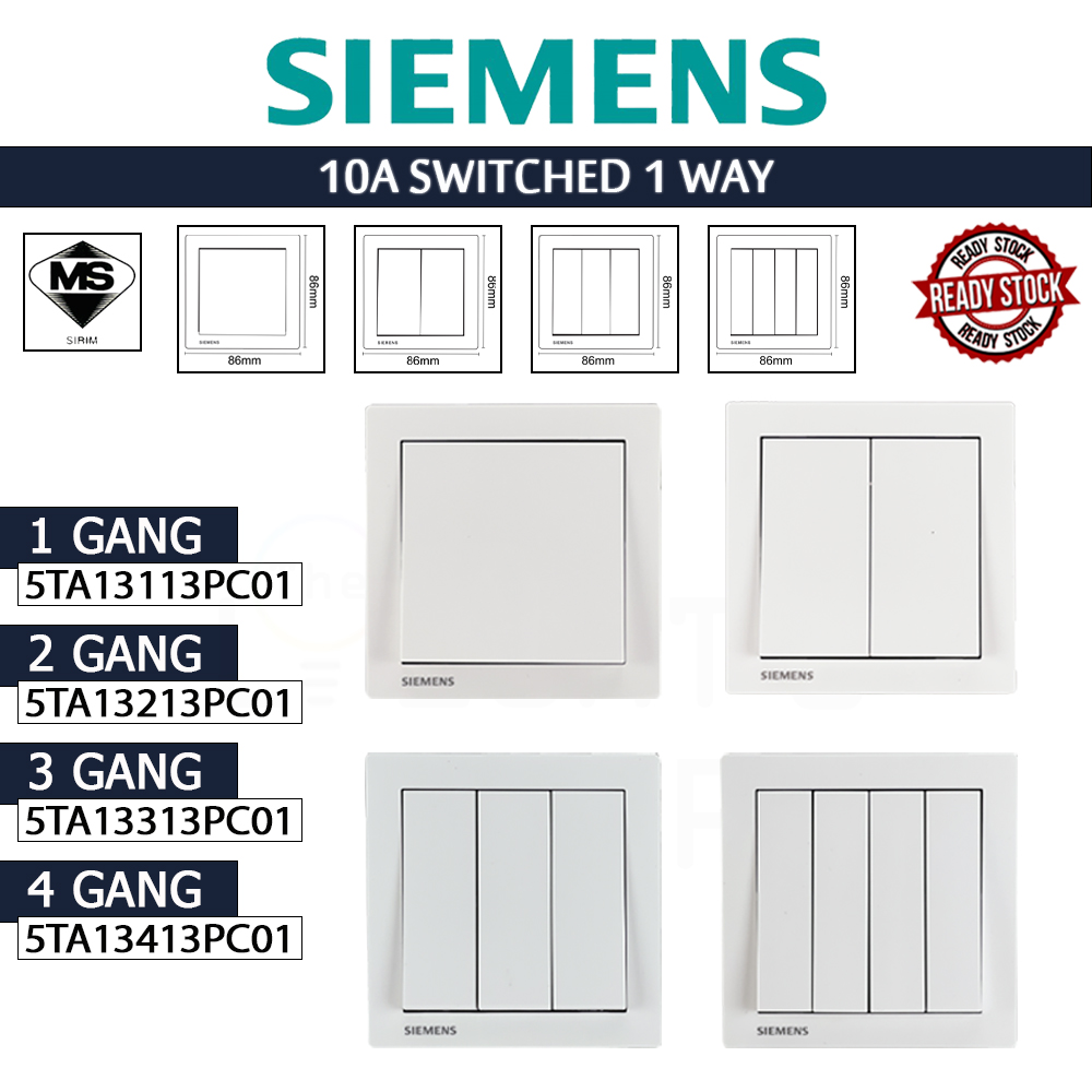 Siemens 10AX 1/2/3/4 Gang 1 Way Switch White 5TA131/2/3/41-3PC01#DELTA Relfa#Sirim Switch Socket#3 Flat Pin Plug#插座