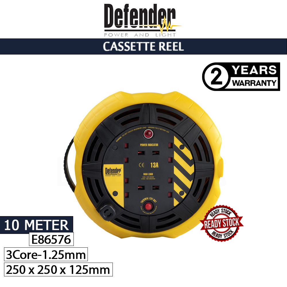 DEFENDER Cassette Reel 10 Meters (Power Cord) l E86576#Wire Cable Reel#Industrial Cable Reel#Extension Wire Cable Reel#电缆卷