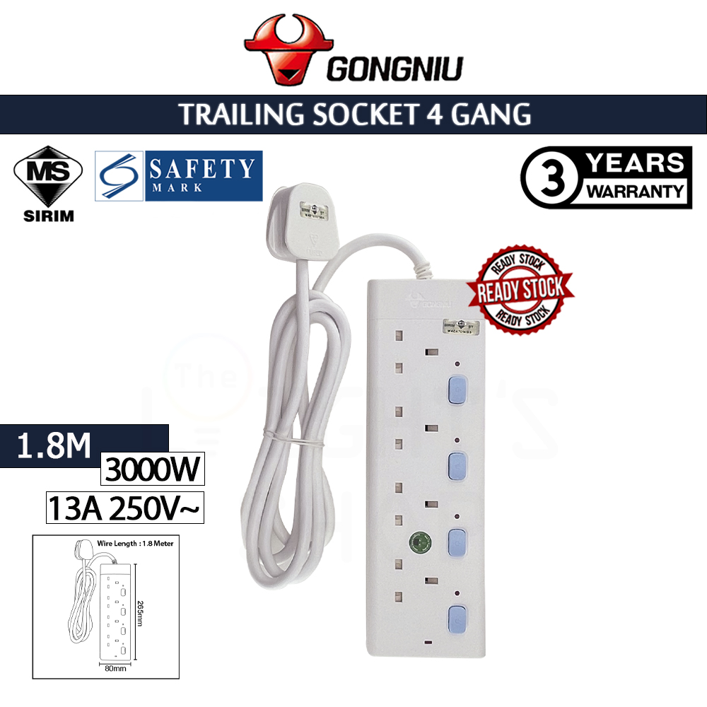 GONGNIU Trailing Socket 4 Gang-1.8Meter E3040-18#Bull#Basic Type#Sirim#Extension Socket#Cord Extension Plug#Adaptor#电线 GONGNIU Trailing Socket 4 Gang-1.8Meter E3040-18#Bull#Basic Type#Sirim#Extension Socket#Cord Extension Plug#Adaptor#电线