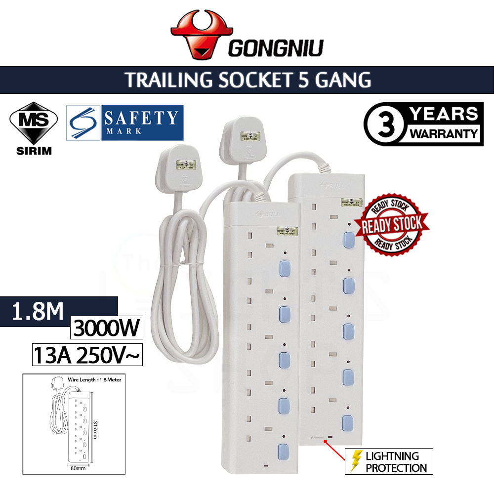 GONGNIU Trailing Socket 5 Gang-1.8 Meter E3050/T-18#Bull#Basic/Lightning Protect#Sirim#Cord Extension Socket#Adaptor#电线