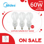 [Special Sales] Midea Lotus Saver Bulb 60W E27 Warm White X3pcs#E27 Bulb#Mentol Lingkaran#Lampu Kilang#Lampu Studio#电灯泡