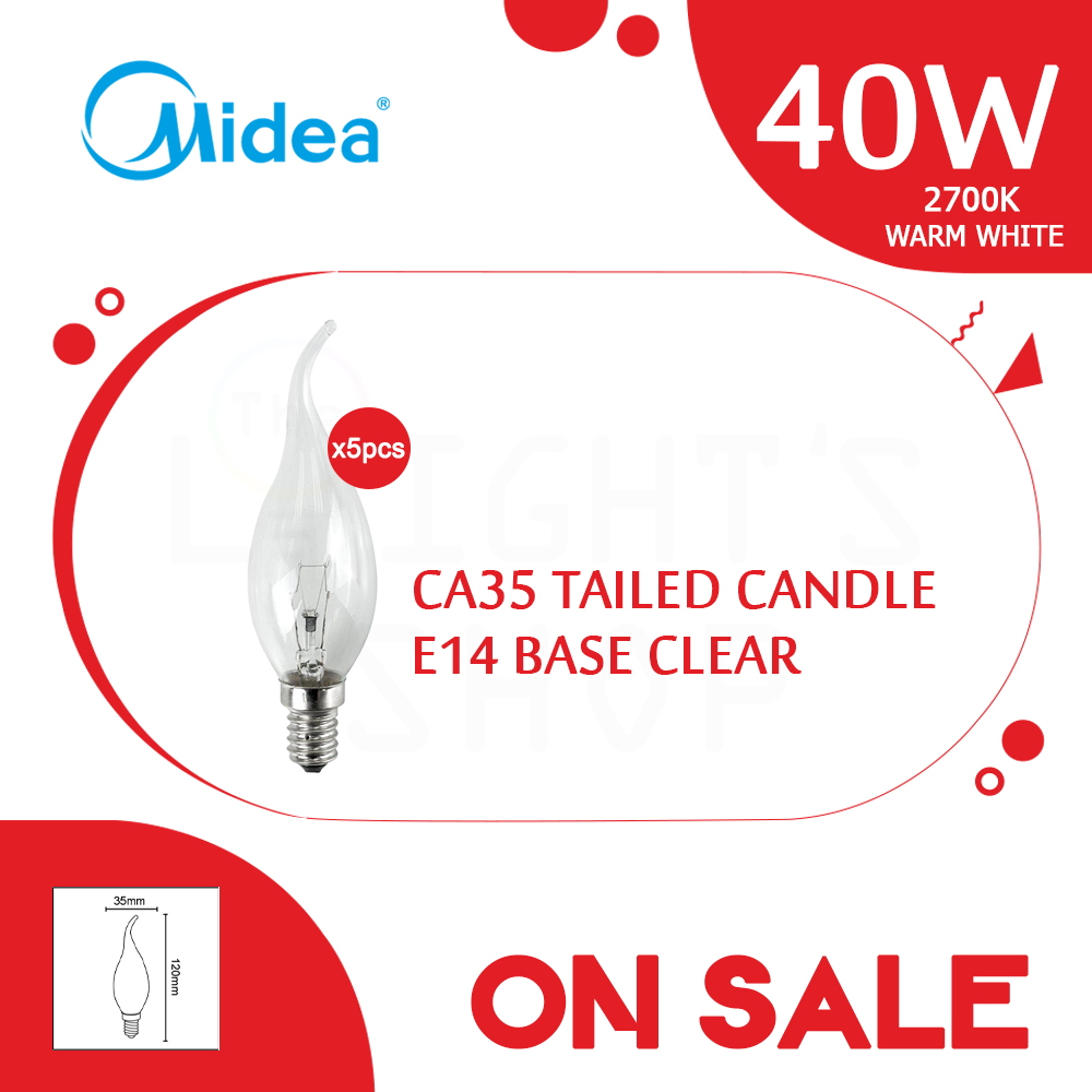 [Special Sales] Midea Tailed Candle Bulb CA35 40W E14 Clear Warm White X5pcs#Incandescent Bulb#E14 Bulb#Mentol Lampu#灯泡