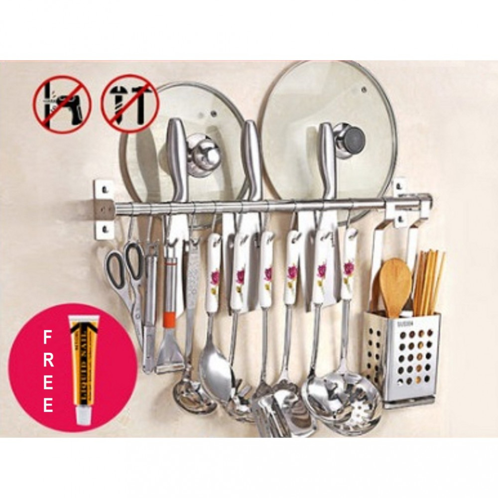 BOLTLESS Wall Mount Stainless Steel Kitchen Hanging Hooks Pot Pan Storage Rack