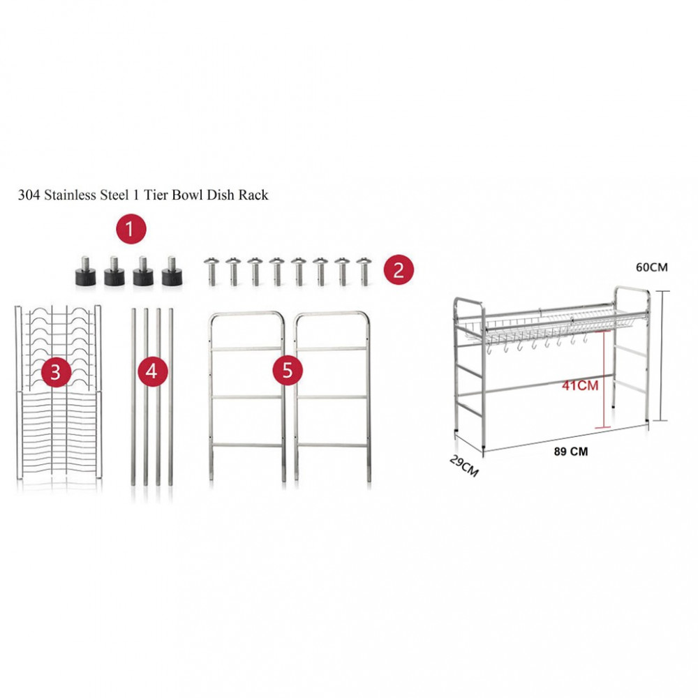  HK151  304 Stainless Steel 1 Tier Bowl Dish Rack Rak 