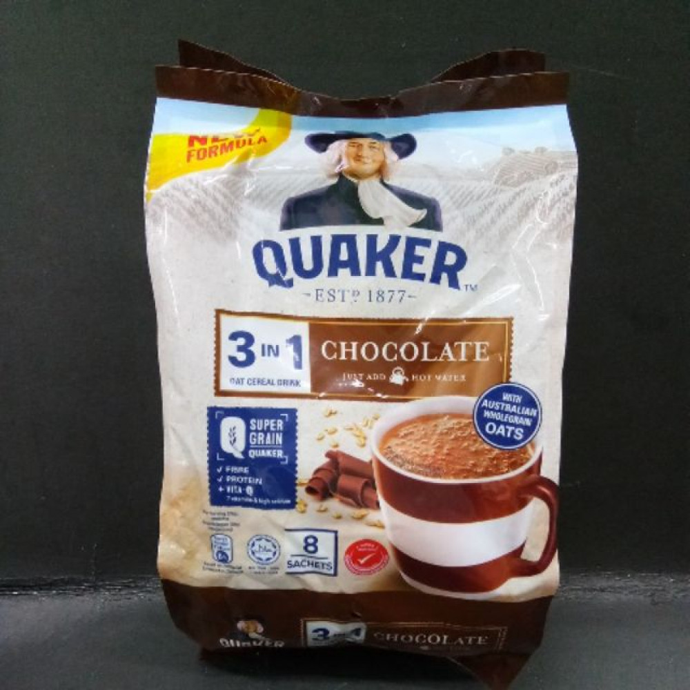 QUAKER 3IN1 OAT CEREAL DRINK CHOCOLATE 8’sX28gm QUAKER 3IN1 OAT CEREAL DRINK CHOCOLATE 8’sX28gm
