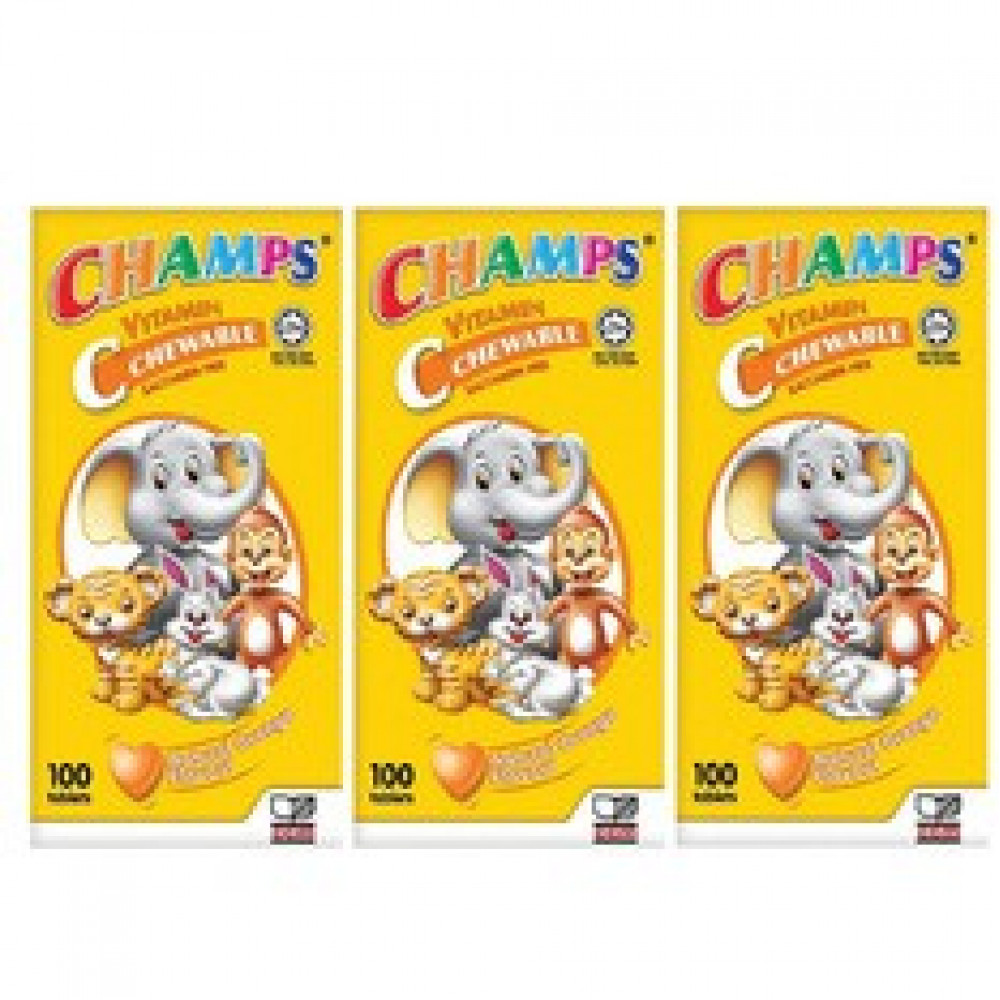 Champs Vitamin C 100Tablets x 3 Bottles (Orange Flavor)-Ready Stock Champs Vitamin C 100Tablets x 3 Bottles (Orange Flavor)-Ready Stock