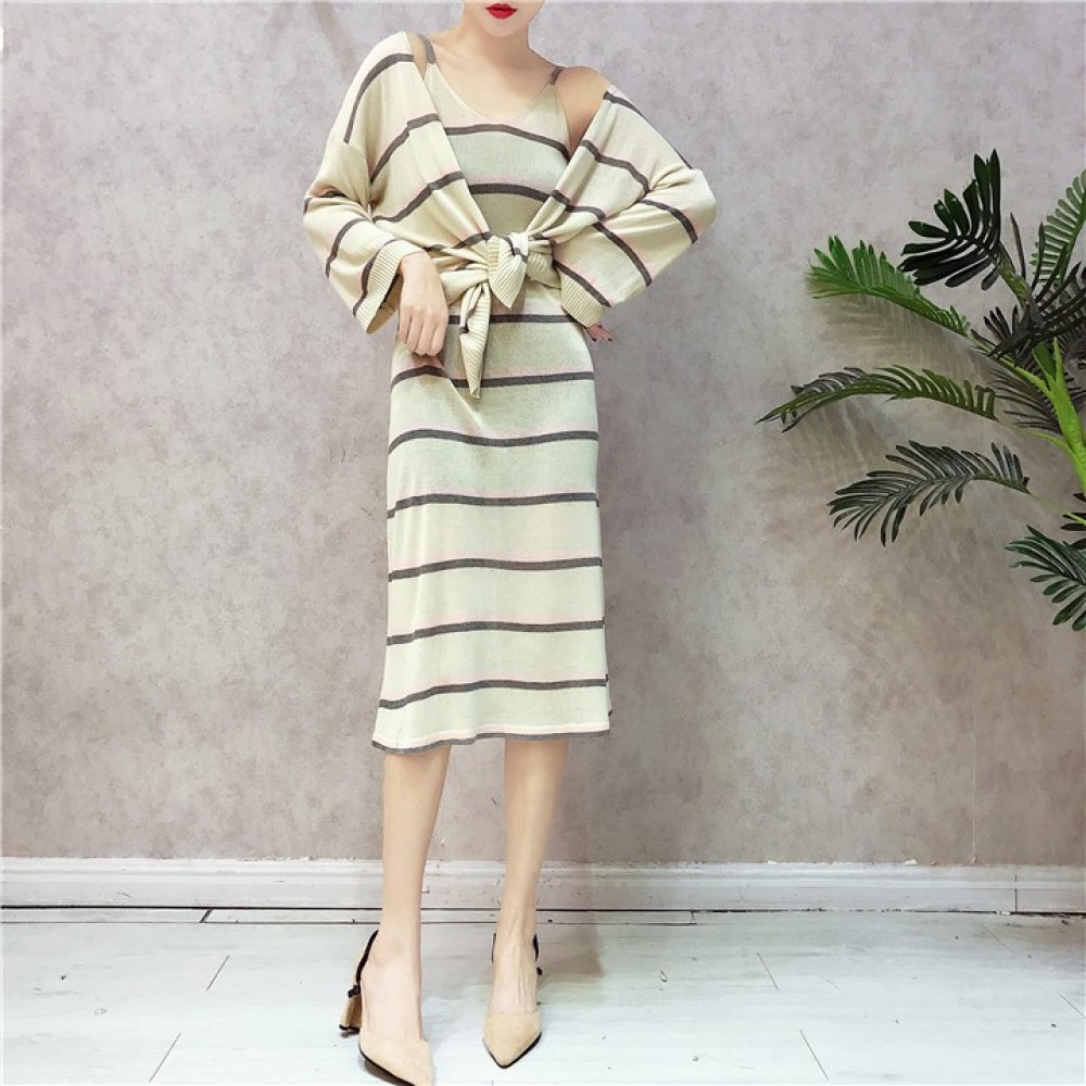 Knit Cardigan Coat Stripe Dresses 针织开衫外套条纹连身裙 Knit Cardigan Coat Stripe Dresses 针织开衫外套条纹连身裙