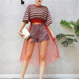 image of Korean Knitted striped T-shirt stitching mesh Dress 针织条纹T恤网纱连身裙